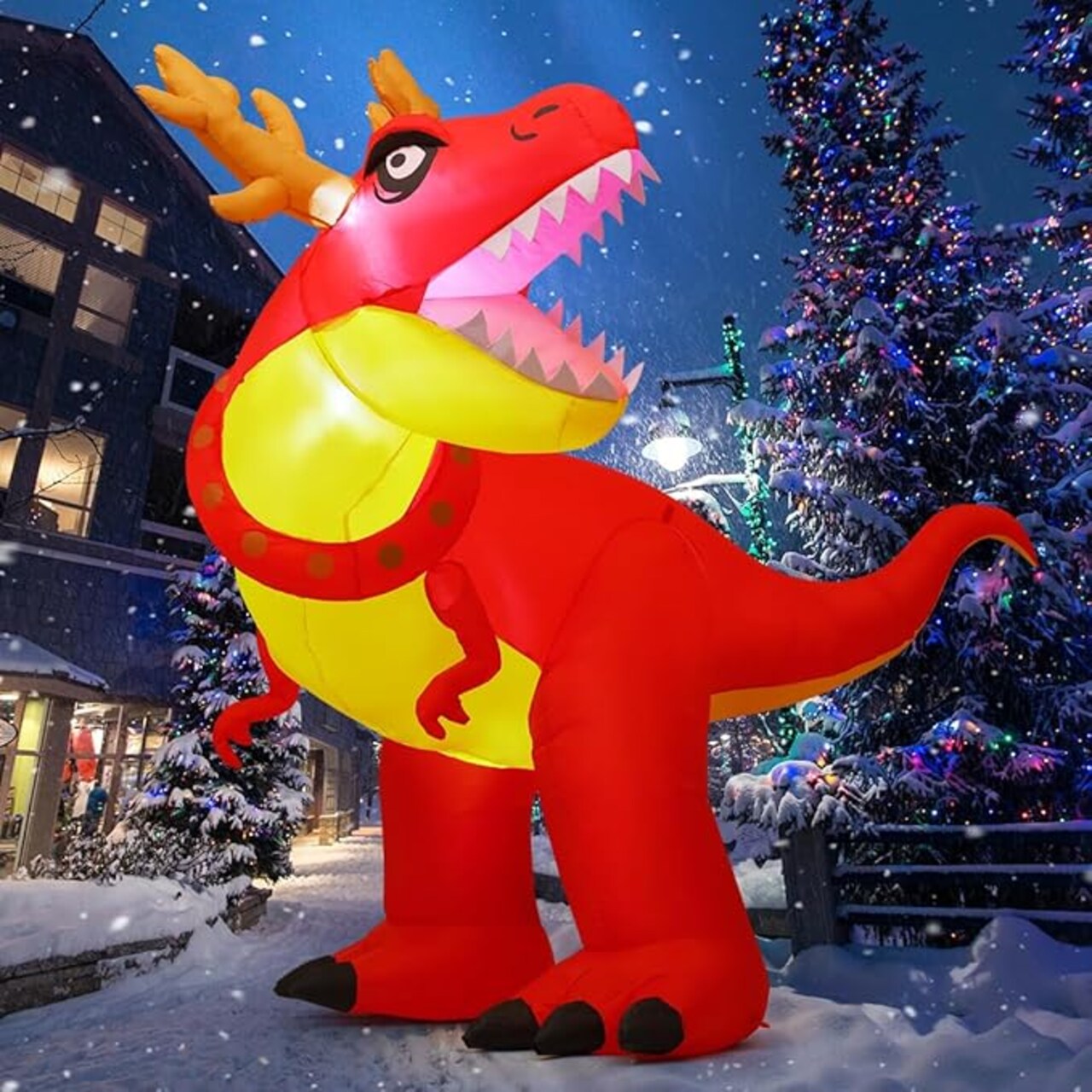 GOOSH 6 FT Christmas Inflatables Antlers Dinosaur Inflatable with Built-in LEDs